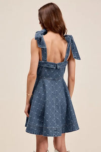 SO ME A Line Fit and Flare Diamond Bow Ribbon Denim Dres - Brittney MADE