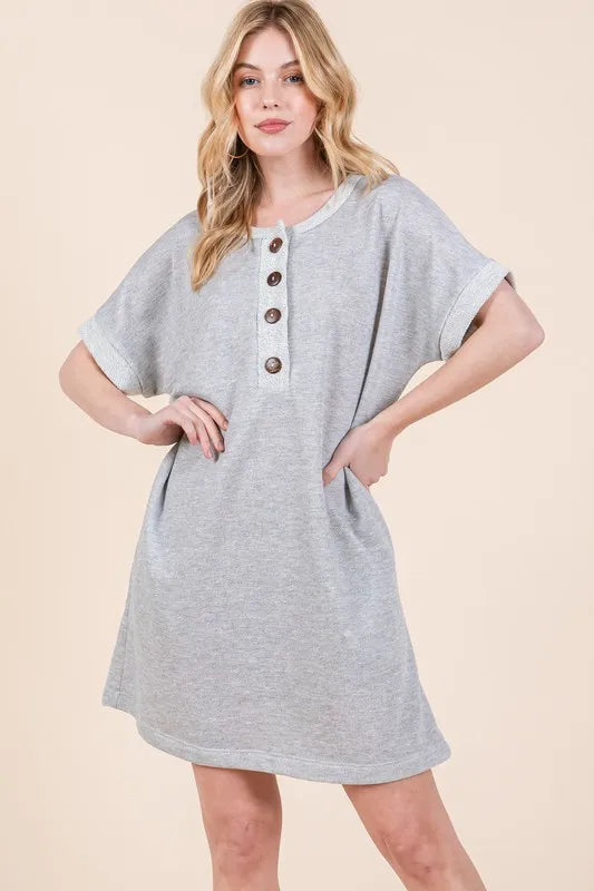 BOMBOM Casual Contrast Trim Henley Dress - Brittney MADE