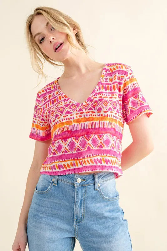 And The Why Printed V Neck Cropped T-Shirt - Brittney MADE