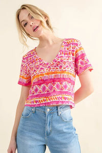 And The Why Printed V Neck Cropped T-Shirt - Brittney MADE