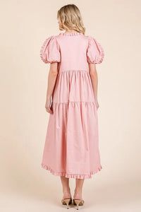 GeeGee Ruffle Trim Puff Sleeve Tiered Babydoll Midi Dress - Brittney MADE