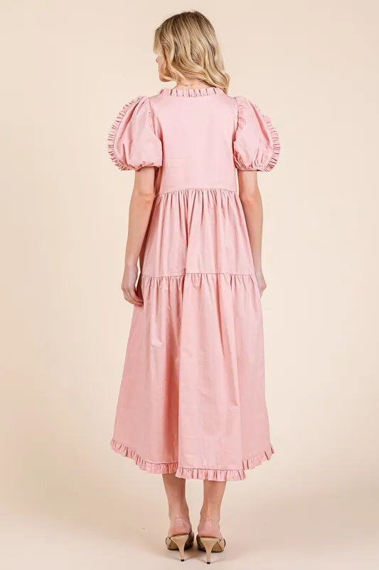 GeeGee Ruffle Trim Puff Sleeve Tiered Babydoll Midi Dress - Brittney MADE