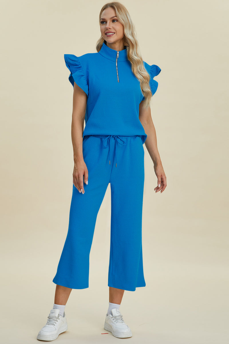 Double Take Full Size Texture Ruffle Short Sleeve Top and Wide Leg Pants Set - Brittney MADE