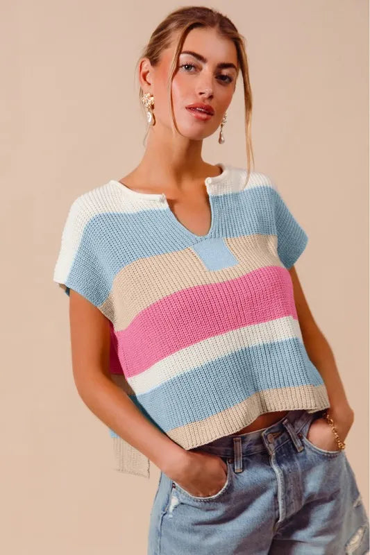 SO ME Multi Color Stripe Loose Fit Cap Sleeve Sweater Top - Brittney MADE