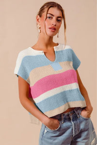 SO ME Multi Color Stripe Loose Fit Cap Sleeve Sweater Top - Brittney MADE