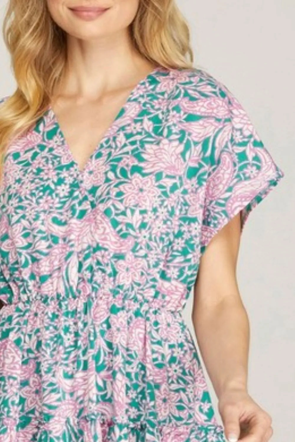 She + Sky Full Size Ruffled Hem Printed Surplice Kimono Sleeve Mini Dress Plus Size - Brittney MADE