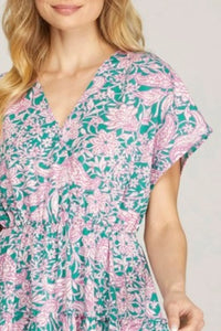 She + Sky Full Size Ruffled Hem Printed Surplice Kimono Sleeve Mini Dress Plus Size - Brittney MADE