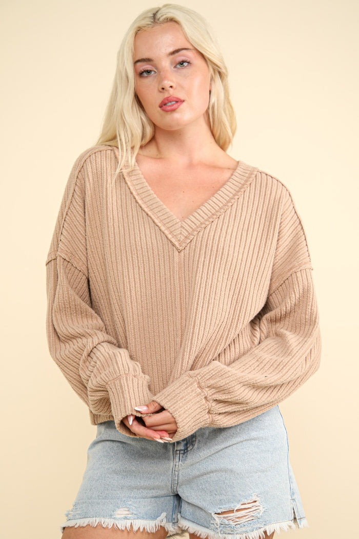 VERY J Exposed Seam V-Neck Ribbed Knit Top - Brittney MADE