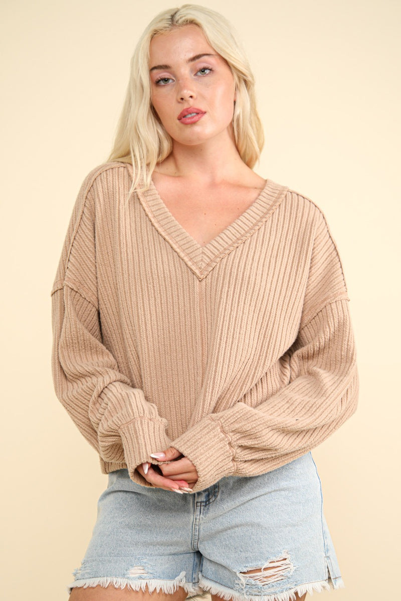 VERY J Exposed Seam V-Neck Ribbed Knit Top - Brittney MADE
