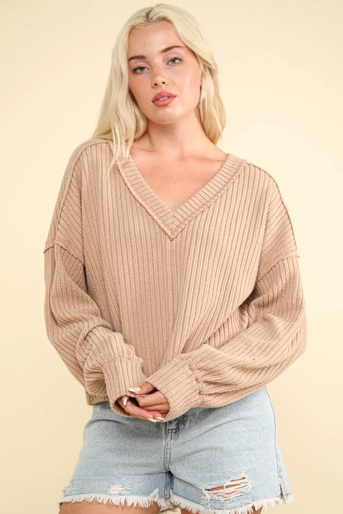 VERY J Exposed Seam V-Neck Ribbed Knit Top - Brittney MADE