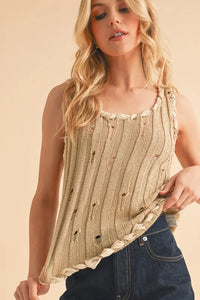 Aemi+Co Distressed Detail Round Neck Knit Tank - Brittney MADE