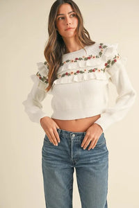 MABLE Floral Embroidered Ruffle Detail Sweater - Brittney MADE