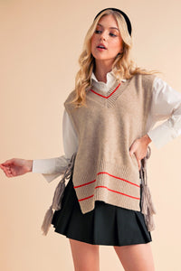Aemi + Co Ribbed V-Neck Sweater Vest with Tassel - Brittney MADE