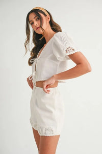 MABLE Crochet Lace Detail Crop Top and Shorts Set - Brittney MADE