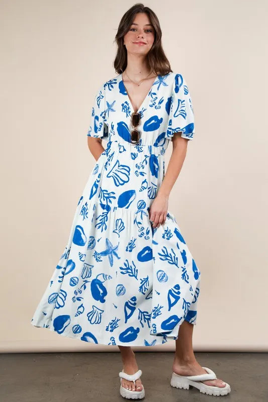 VERY J Printed V-Neck Resort Midi Dress - Brittney MADE