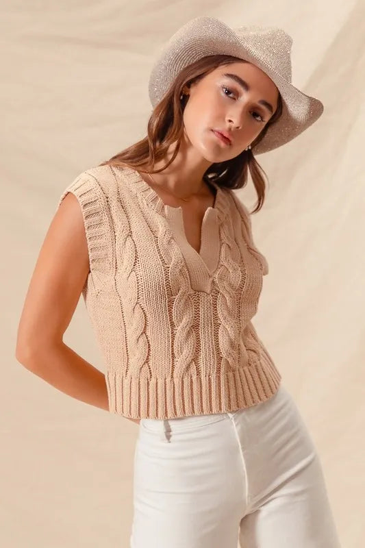 SO ME Notched Neck Cable Knit Sweater Vest - Brittney MADE
