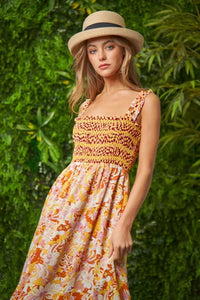 Davi & Dani Multi Smocked Bodice Geo Ruffle Strappy Midi Dress - Brittney MADE