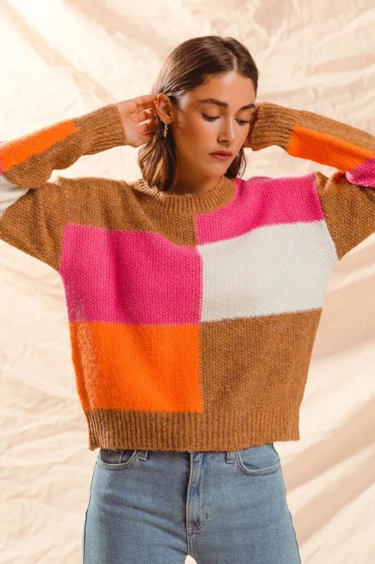 SO ME Multi Color Block Checkered Sweater Top - Brittney MADE