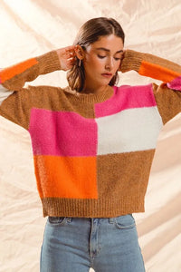 SO ME Multi Color Block Checkered Sweater Top - Brittney MADE