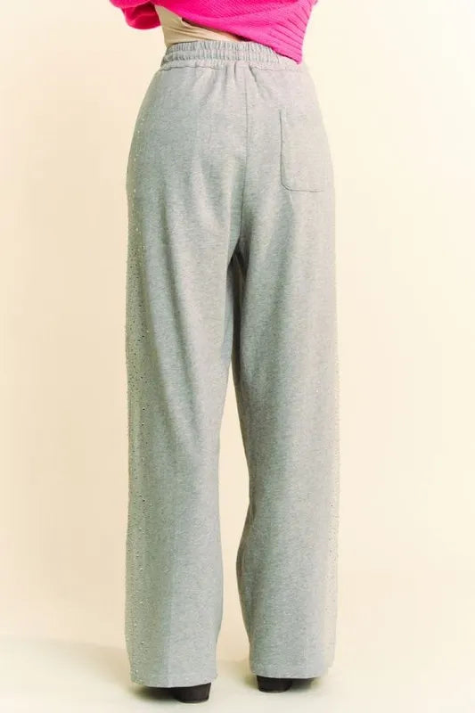 Davi & Dani Rhinestone Elastic Waist Wide Leg Pants - Brittney MADE