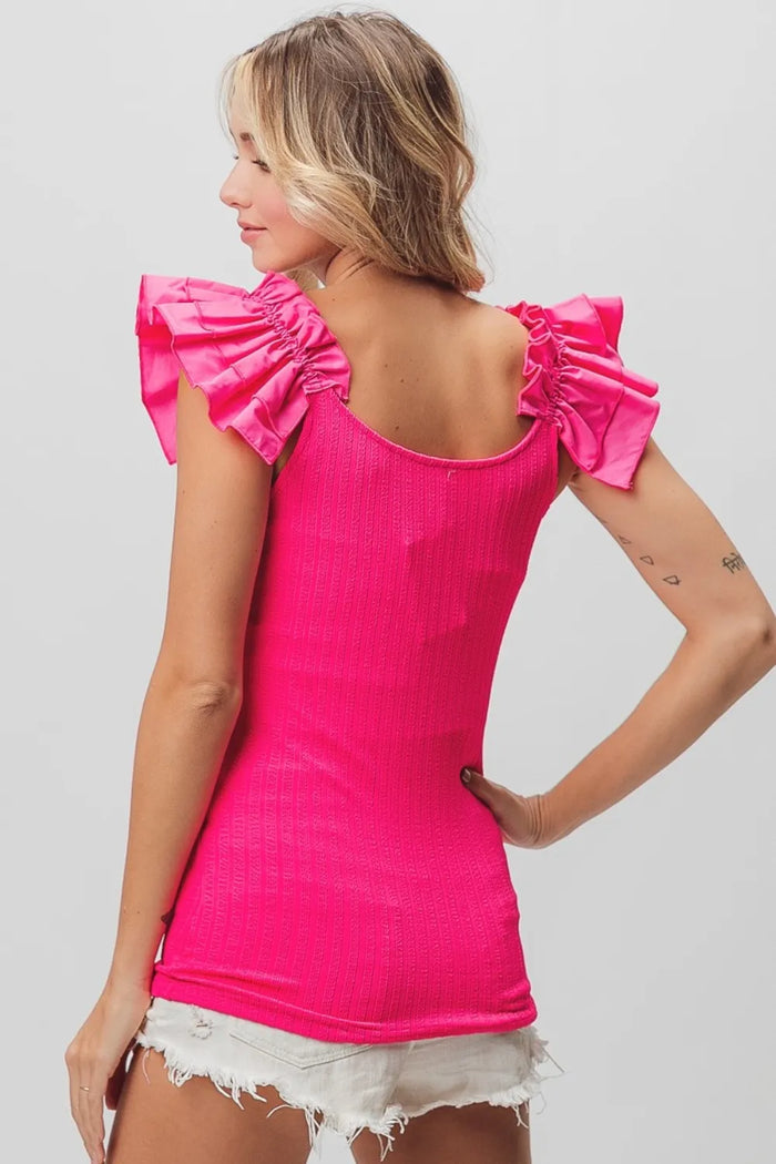 BiBi Ruffled Shoulder Strap Rib Texture Top - Brittney MADE