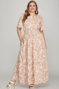 She + Sky Printed Notched Woven Tiered Pintuck Maxi Dress with Side Pockets - Brittney MADE