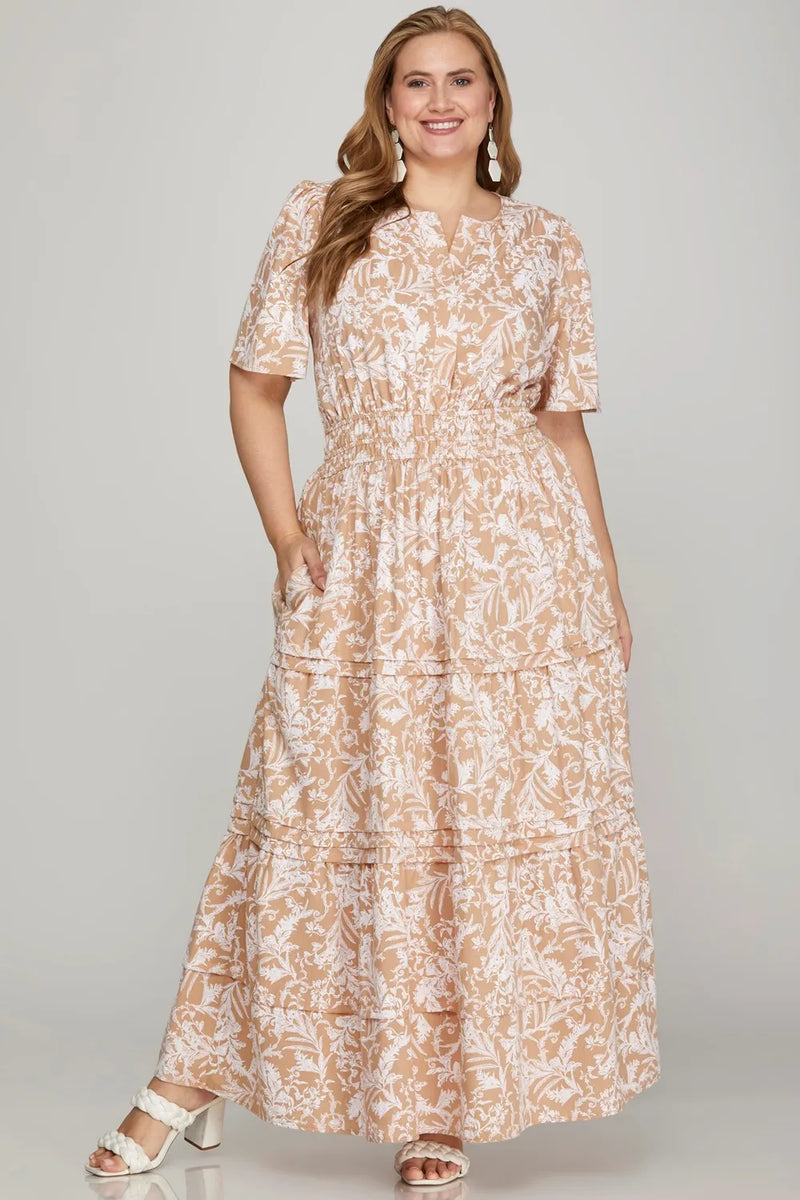 She + Sky Printed Notched Woven Tiered Pintuck Maxi Dress with Side Pockets - Brittney MADE