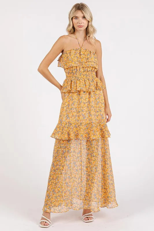 Mittoshop Ruffled Smocked Floral Halter Neck Maxi Dress - Brittney MADE