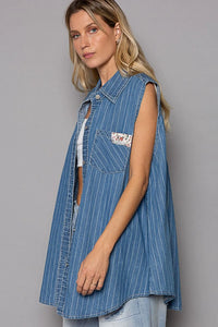 POL Button Down Sleeveless Striped Denim Shirt - Brittney MADE