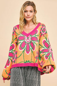 Davi & Dani Floral Contrast V-Neck Dropped Shoulder Sweater - Brittney MADE