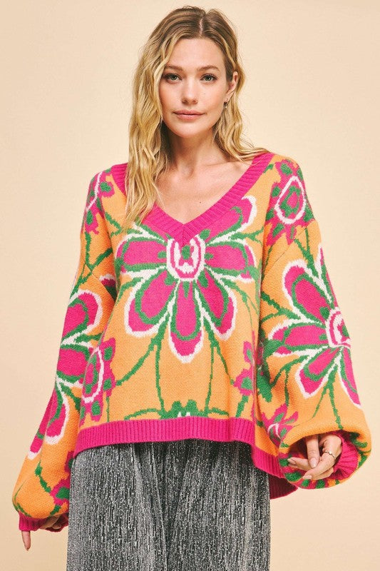 Davi & Dani Floral Contrast V-Neck Dropped Shoulder Sweater - Brittney MADE