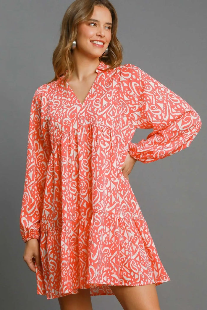 Umgee Full Size Two Tone Print Balloon Sleeve Tiered Dress Plus Size - Brittney MADE