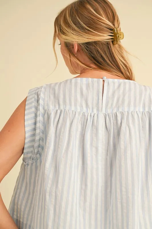 Aemi+Co Ruched Striped Round Neck Sleeveless Top - Brittney MADE