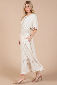 Ces Femme Smocked Elastic Waist Tie Neck Puff Sleeve Dress - Brittney MADE