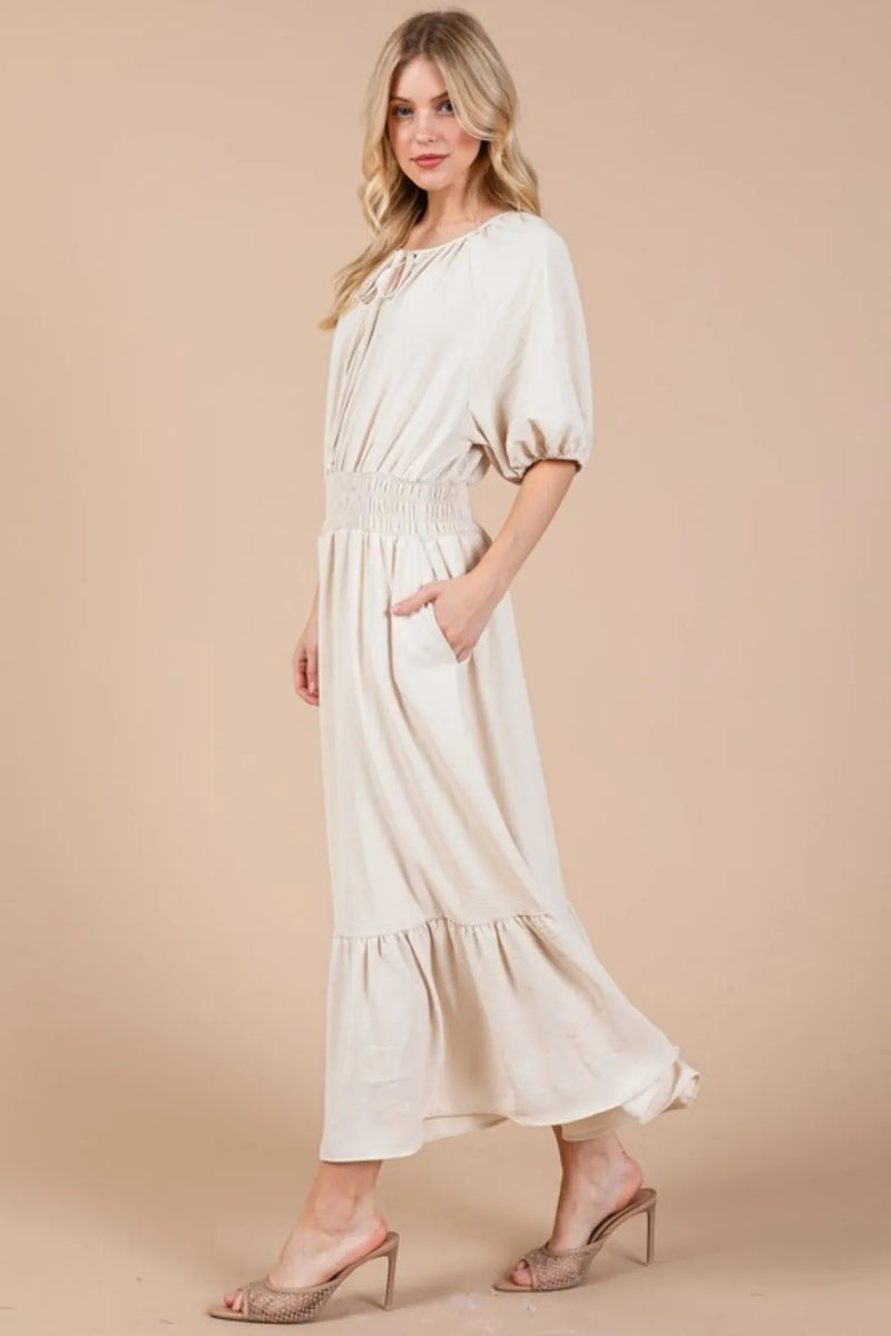 Ces Femme Smocked Elastic Waist Tie Neck Puff Sleeve Dress - Brittney MADE
