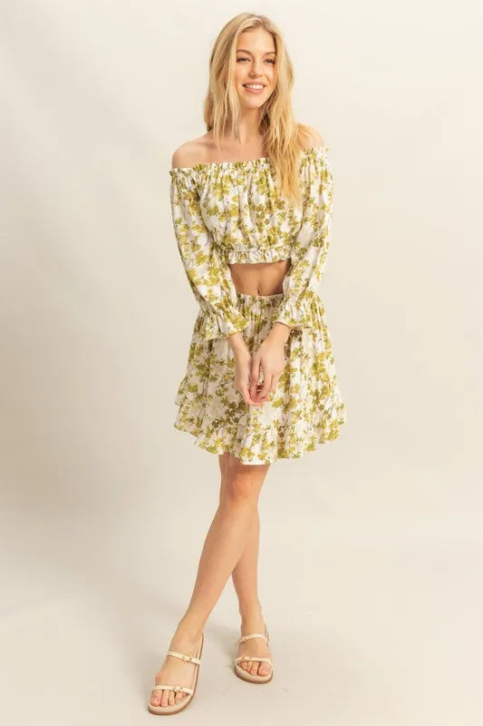 HYFVE Floral Off-Shoulder Flounce Sleeve Top and Skirt Set - Brittney MADE