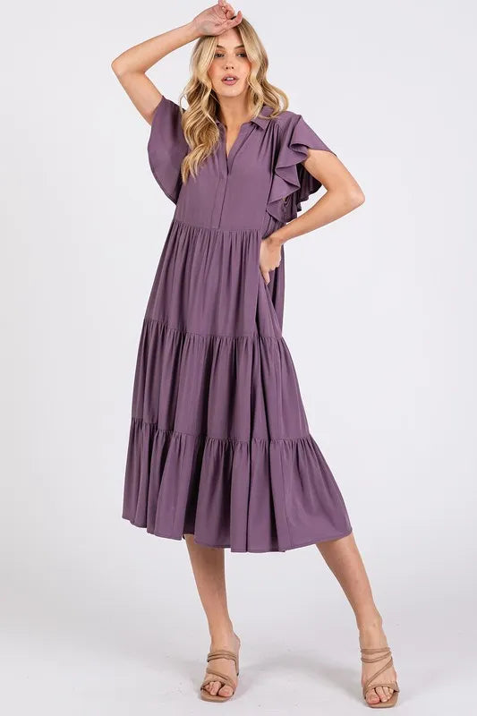 Mittoshop Ruffle Sleeve Collared V Neck Tiered Midi Dress - Brittney MADE