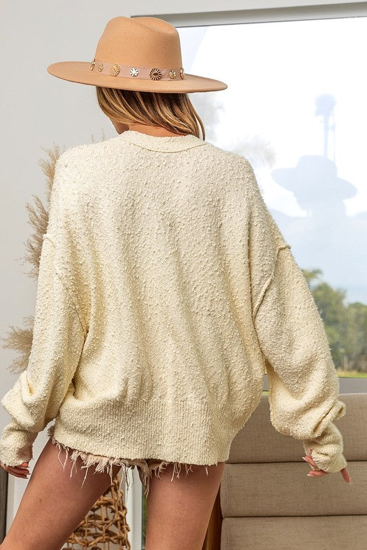 BiBi V-Neck Button Up Dropped Shoulder Cardigan - Brittney MADE