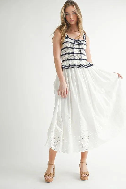 MABLE Crochet Stripe Knit Eyelet Mix Midi Dress - Brittney MADE