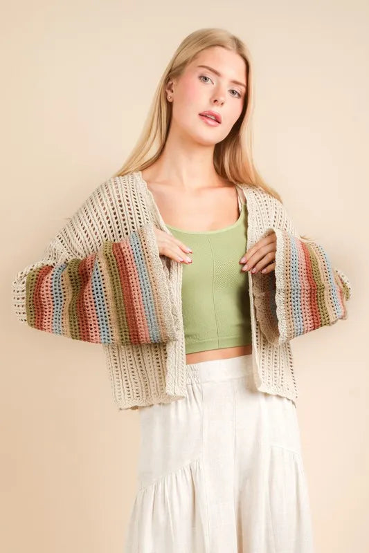 VERY J Color Block Bell Sleeve Openwork Cardigan - Brittney MADE