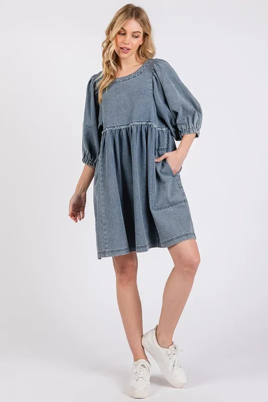 Mittoshop Washed Round Neck Puff Sleeve Denim Dress - Brittney MADE