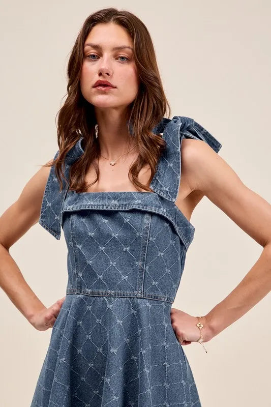 SO ME A Line Fit and Flare Diamond Bow Ribbon Denim Dres - Brittney MADE