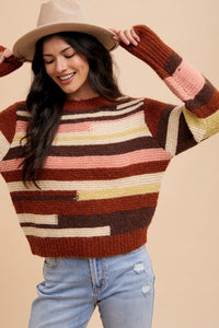 Annie Wear Color Block Round Neck Long Sleeve Sweater - Brittney MADE