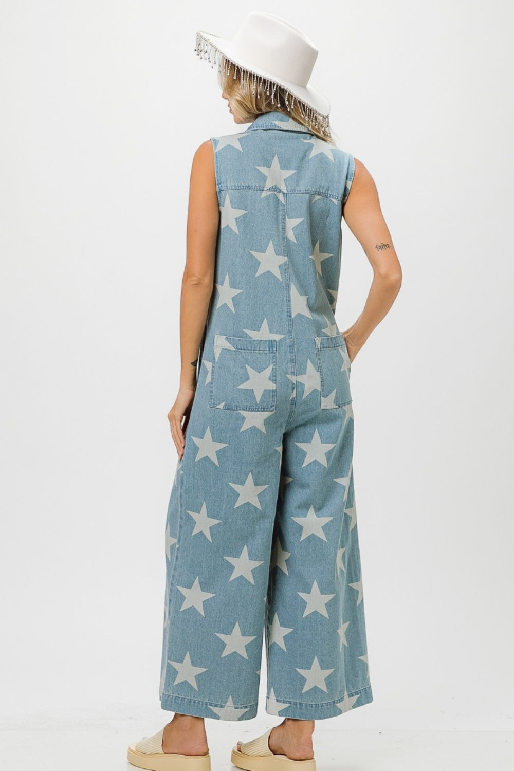 BiBi Star Print Half Zip Sleeveless Denim Jumpsuit - Brittney MADE