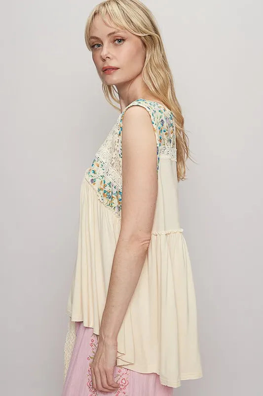 POL Lace Detail Frill Floral V-Neck Sleeveless Top - Brittney MADE