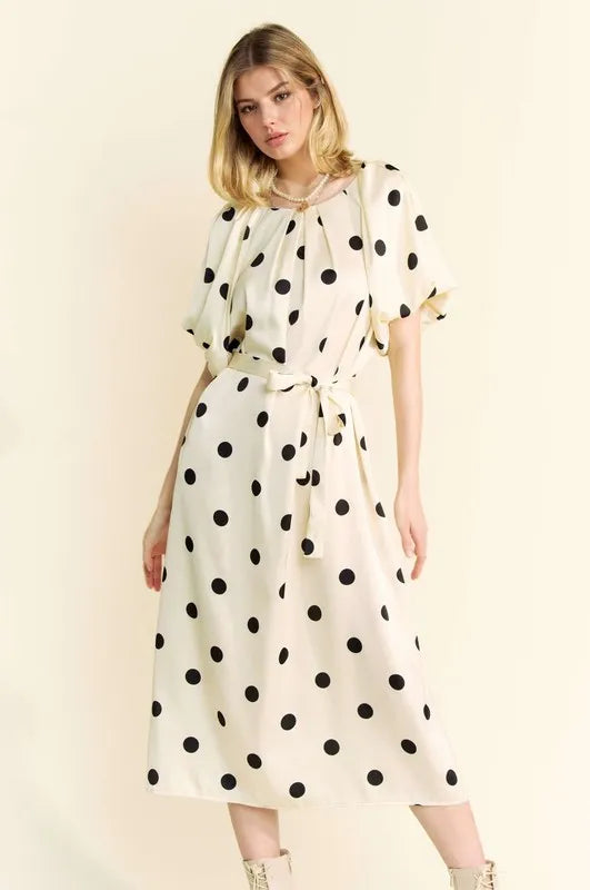 Davi & Dani Polka Dot Puff Sleeves Waist Tie Midi Dress - Brittney MADE