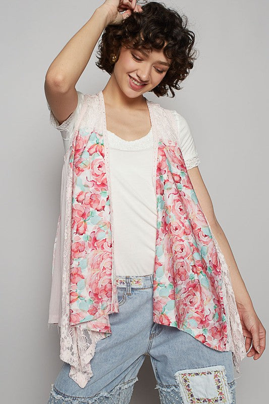 POL Lace Patchwork Floral Open Front Sleeveless Cardigan - Brittney MADE