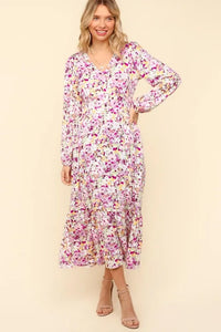 Haptics Full Size Floral V-Neck Long Sleeve Dress with Side Pockets - Brittney MADE