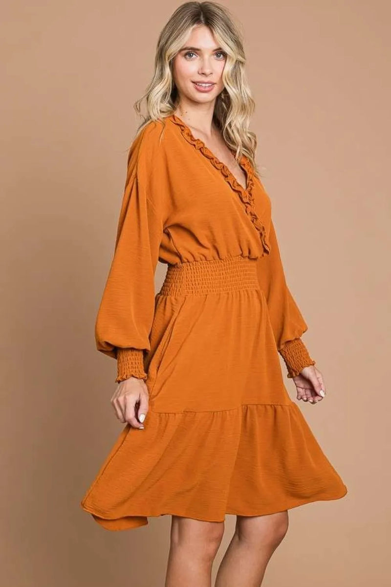 Culture Code Full Size Frill Smocked Lantern Sleeve Mini Dress - Brittney MADE