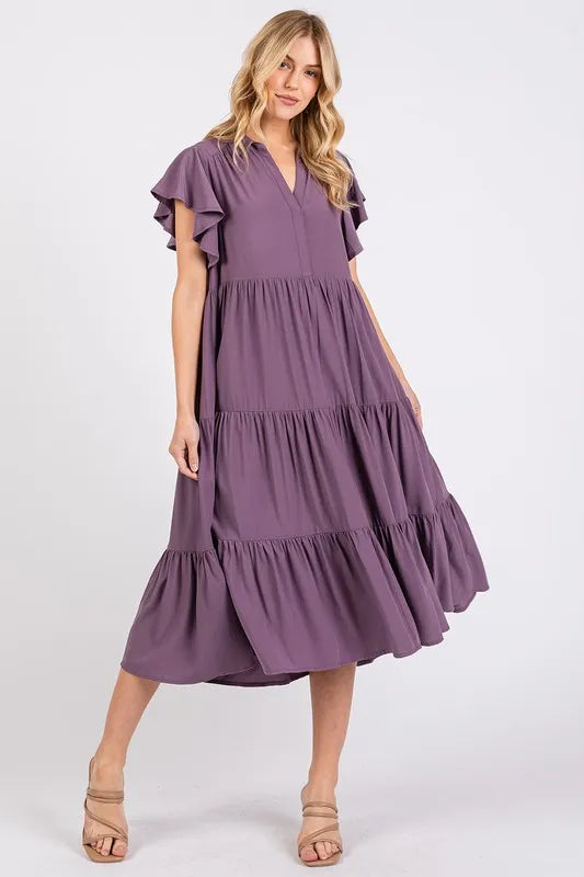 Mittoshop Ruffle Sleeve Collared V Neck Tiered Midi Dress - Brittney MADE